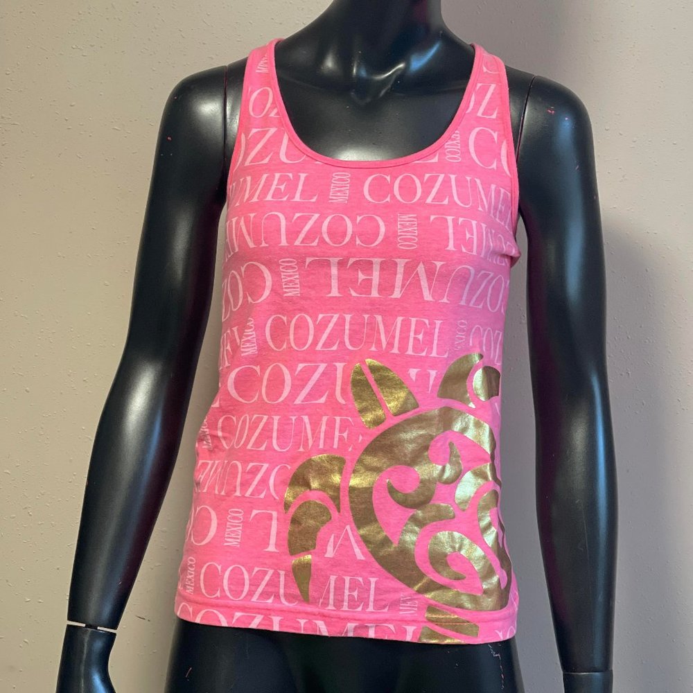 #0218 Women's Cozumel Tank Top Dark Pink with Gold Text Small